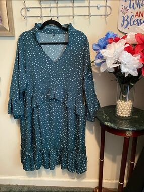 No Brand Polka Dot Ruffle V-Neck Womens Dress - Teal, Size XL.